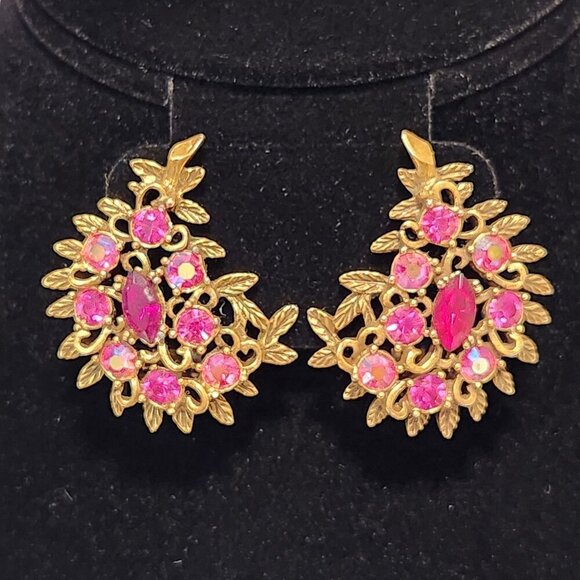 Vintage Emmons Earrings Crimson Glory Gold Tone and Pink Cluster Paisley‎ Shape - Picture 1 of 5
